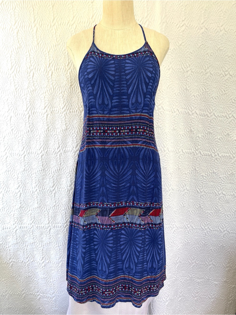 Roxy Blue Patterned Halter Midi Dress with Multicolor Trim